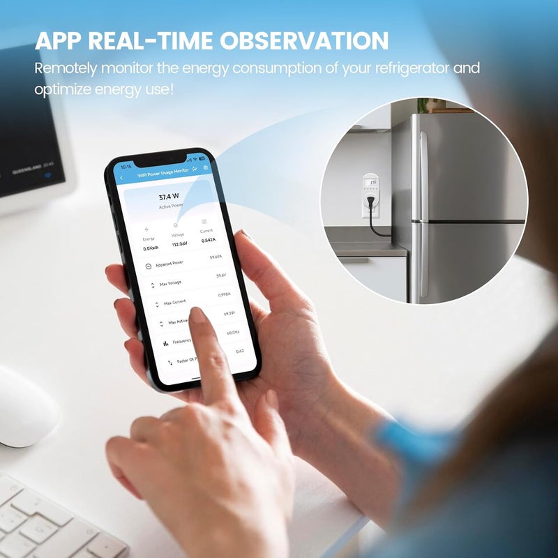 Zuomeng WiFi Electricity Usage Monitor, Plug-in WiFi Power Meter with Sound Alarm, Refrigerator Power Consumption Monitoring and Electricity Bill Statistics - Image 2